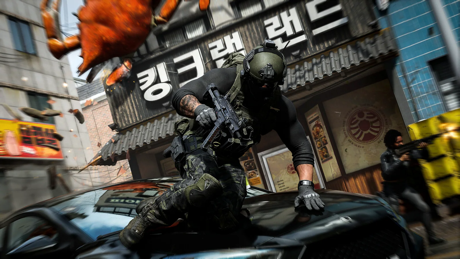 An armed operator on a motorcycle in a market street