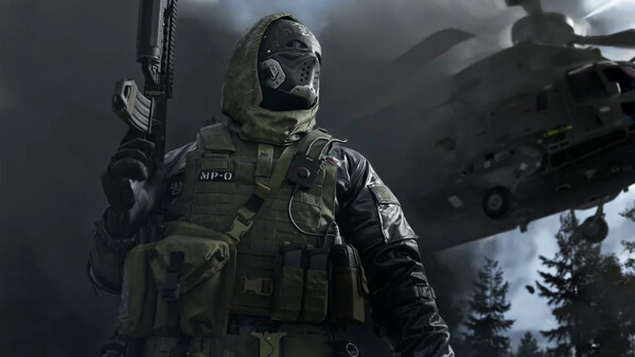 A gas-masked operator raising a pistol beside a helicopter